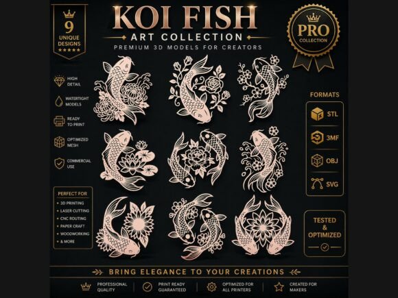 Elevate Your Craft: The Artistry of the 9 Koi Fish Floral Premium 3D CNC Pack