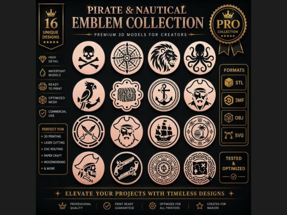 Mastering Maritime Craft: A Deep Dive into the 16 Pirate Nautical Emblems CNC 3D Pack