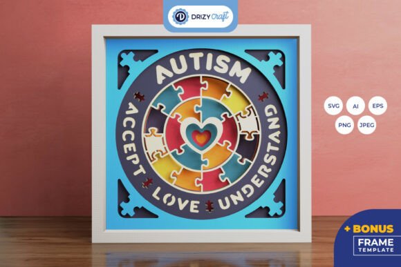 World Autism Awareness Day 3D Shadow Box - Accept, Love and Understand 3D SVG